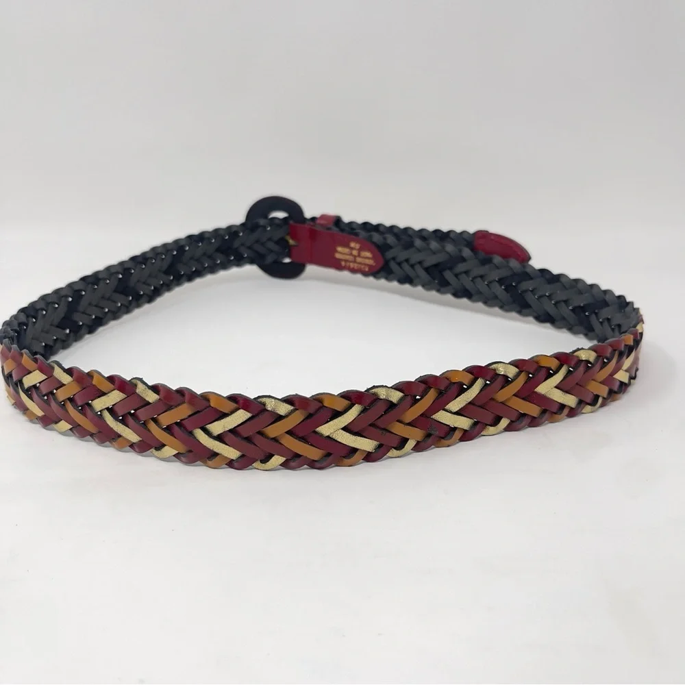 Vintage Woven Leather Belt, Multi Color Red leather Buckle,‎ Boho Statement